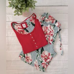 2 piece pajama set, red top, floral pants w drawstring, sz large, SOFT, pretty!!